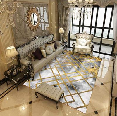 China Modern Abstract Washable Gold Flannel Area Rugs Marble Artistic Home Rug For Living Room for sale