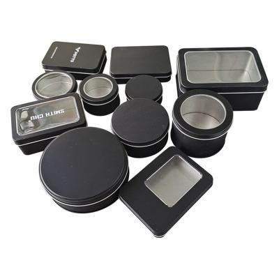 China Custom Logo Various Shaped Window Container Food Storage Can Black Metal Tin Box for sale