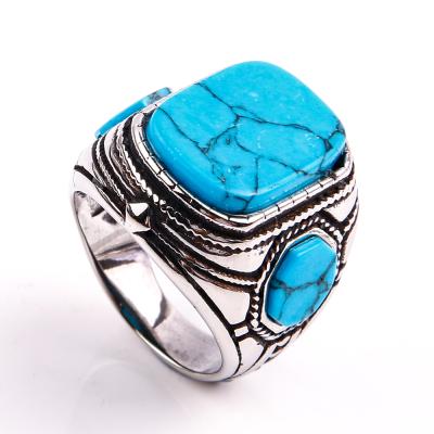 China Hot Selling Men's Jewelry Trend Vintage Turquoise Blue Punk Stainless Steel Ring Titanium Steel Ring for sale