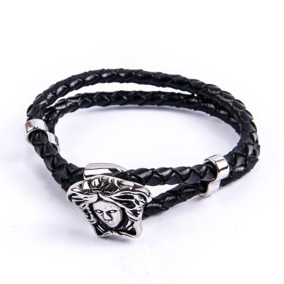 China Retro Original Punk Style Protection God Human Face Stainless Steel Braided Leather Bracelet for sale