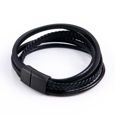 China Vintage Mens Stainless Steel Leather Rope Leather Braided Multilayer Leather Rope Bracelet for sale