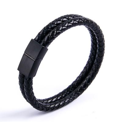 China CLASSIC Black Double Buckle Leather Cord Vintage Style Leather Bracelet for sale