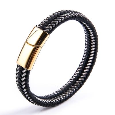 China Creative Braided Rope Leather Men's Punk Fashion Stainless Steel Bracelet for sale