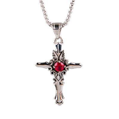 China New European and American Religious Jewelry Christian Stainless Steel Cross Red Diamond Pendant Necklace for sale