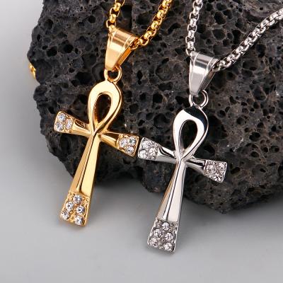 China Vintage European and American Inlaid Cross Men's Personality Rhinestone Stainless Steel Punk Pendant Necklace Retro for sale