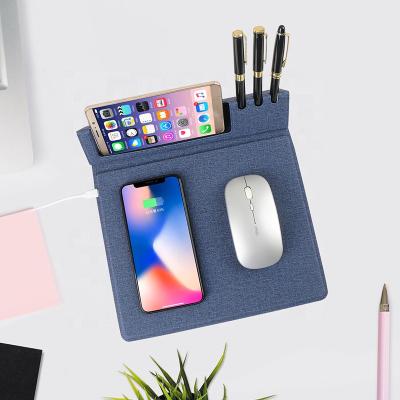 China Lucury Multifunctional Hot Selling PU Leather Pen Holder Phone Charger 10W Fast Wireless Charging Mouse Pad for sale