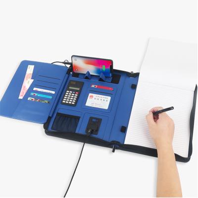 China Multifunctional Leather Business A4 Pad Holder Handle Folder Bag Wireless Charging Folder With Power Bank for sale