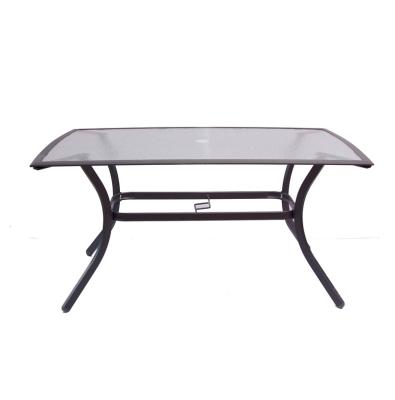 China Modern Outdoor Iron Metal Tempered Glass Patio Dining Garden Table with Umbrella Hole for sale