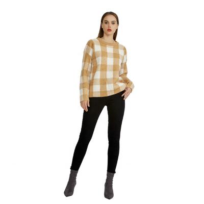 China Anti-wrinkle Autumn/Winter Knitted Pullover Sweater Plaid Round Neck Long Sleeve Grid Casual Women's Pullover Sweater for sale