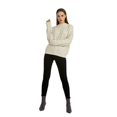 China Anti-Wrinkle Autumn/Winter Woman Knitwear Crewneck Long Sleeve Hollow Knit Sweater With Beading And Crystal Women Pullover Sweater for sale