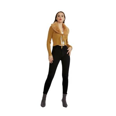 China Anti-wrinkle ladies casual cardigan long sleeve striped women's knitwear with fur collar crop cardigan for sale