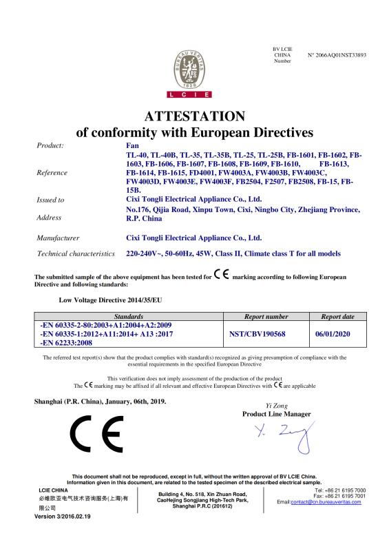 CE - Cixi City Tongli Electrical Co.,ltd.