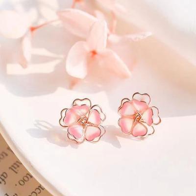 China New Cute ES003-46 Oil Drop Enamel Three-dimensional Silver Cherry Blossom Earrings 925 Needle Ear Pierced Resin Ear Clip for sale