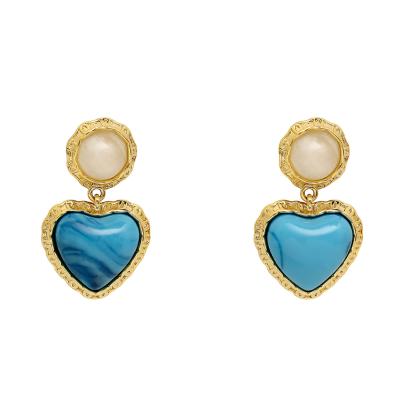 China ES003-56 Women's Retro Stud Earrings Heart Luminous Stone Earrings CLASSIC Turquoise Love Earrings Blue Dangle Fashion Temperament for sale