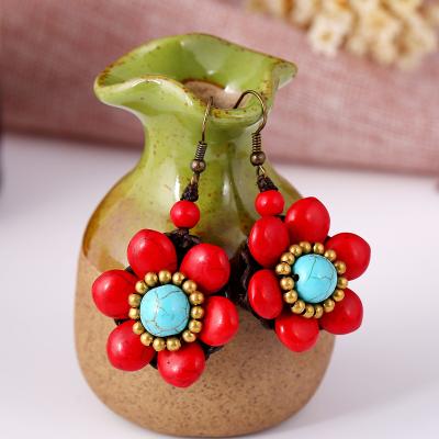 China ES003-68 Boho CLASSIC Jewelry Semi Precious Stone Earrings Vintage Exaggerated Handwoven Wax Thread Flower Earrings for sale