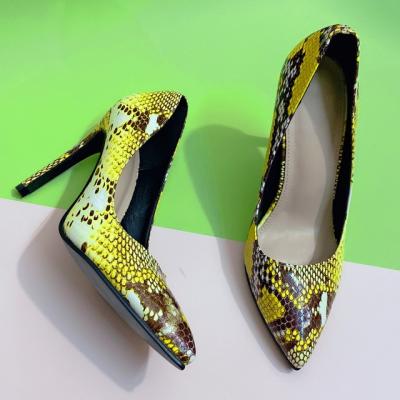 China Height Increasing Spring And Summer Fashion Shallow Mouth Single Shoes Led Toe Colorful Snake Print Stiletto Heels for sale