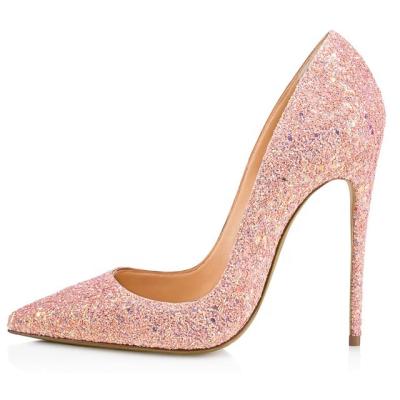 China Large Size Durable Pink Glitter Headed Toe Stiletto Single Shoes Ladies Party Shoes Party Wedding Shoes for sale