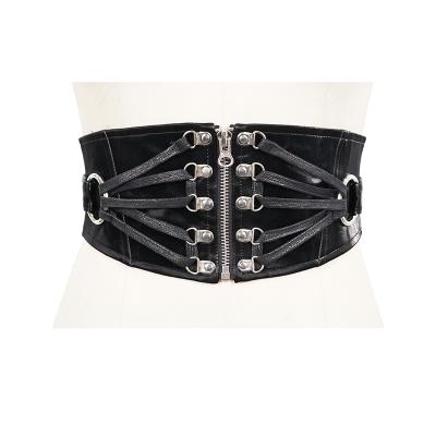 China AS064 Gothic Punk Women Sparkle Slim Zipper Up Metal Black Leather Belt for sale