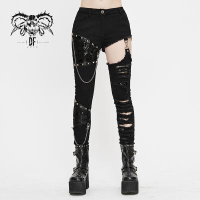 China PT121 Devil's Waterproof Fashion Punk Metallic Asymmetrical Broken Holes Ripped Women Pants With Chains for sale