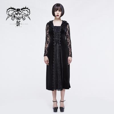 China SKT085 Autumn Breathable Black Pinched Waist Slim Gothic Women Rose Hooded Lace Long Sleeves Velvet Wedding Dresses for sale