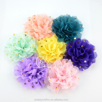 China Hair Flower Chiffon Fabric Flower New - Shiny Gold Polka-Dots Chiffon Hair Flower in 32 Colors for sale