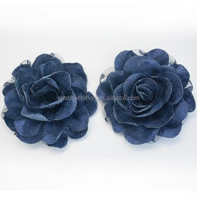 China chic 3.75 inch denim lace petals flower - scallop flower - dark vintage denim fabric with lace flower JUTU for sale