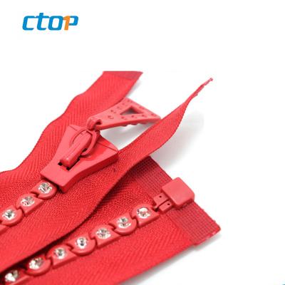 China Automatic Lock Zipper Factory Crystal Stones Design Fashion Open End Diamond Zipper for sale