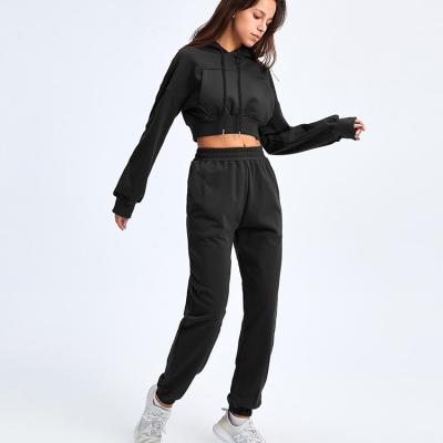 China Fashion Custom Cotton Anti-pilling Streetwear Crop White Solid Hoodie Set For Women Sweatpants Two Piece Set for sale