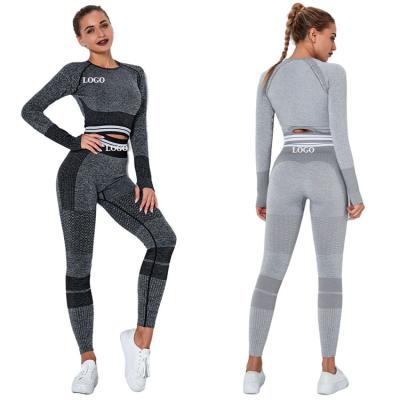 China Breathable Seamless Knit Quick Dry T-Shirt Sport Yoga Routine Wear Long Sleeve Suit Striped Fitness Yoga Pants for sale