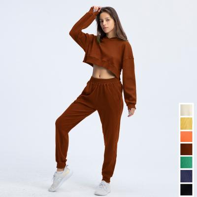 China Cotton Breathable High Quality Comfortable Long Sleeve Crop Women Space Cargo Style Jogger Hoodies Sports Set Top Set for sale