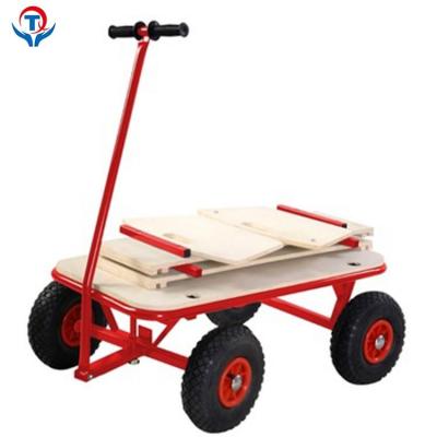 China Foldable Wooden Garden Cart 4 Wheel Kids Serving Garden Toy Cart Wagon for sale