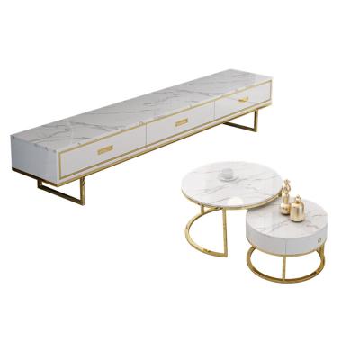 China (Size)2021 Latest Design TV Stand Living Room Furniture Set Metal Frame Adjustable White Marble Coffee Tables for sale