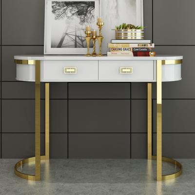 China Adjustable Glossy Living Room Furniture Golden (Height) Side Table With Two Drawers Luxury Console Table for sale