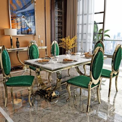 China (Size) 2022 Adjustable Sliver Stainless Steel Table Top High Quality Shiny Gold Marble Dining Table With 6 Chairs for sale