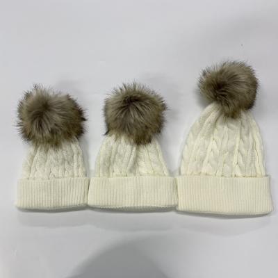 China JOINT Custom Hats Manufactured New Design Set In 3 Size Knit Hats For Adult Baby Kid Winter Beanie Hats Knitted With Pom Pom for sale