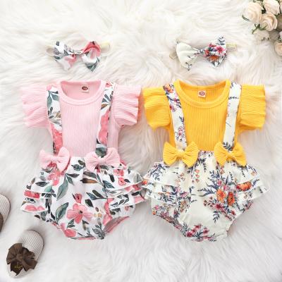 China Wholesale Ruffle Infant Romper Cotton Summer Girls Backless Overalls Set Yellow Pink Jumpsuits With Bow Headband Babies Rompers for sale