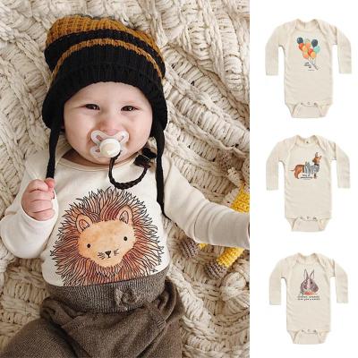 China 100% cotton beige color baby jumpsuit spring cotton romper baby animal print simple long sleeve rompers for sale