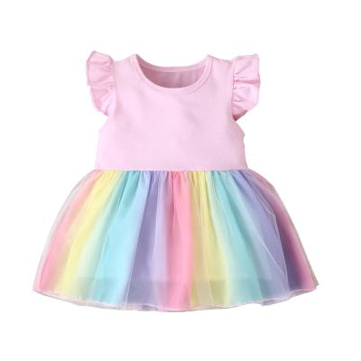 China Anti-wrinkle 2022 baby clothes short sleeve lace collar baby clothes summer lovely rainbow mesh round dress for sale