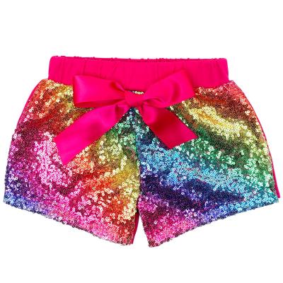 China Anti-pilling shorts 2022 children's shiny mardi gras clothes fashionable rainbow sequin little girls dress short pants for sale