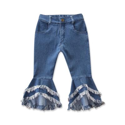 China Color Fade Proof 2022 spring kids fashion clothes flare jeans elastic band soft patchwork girls tassel pants for sale