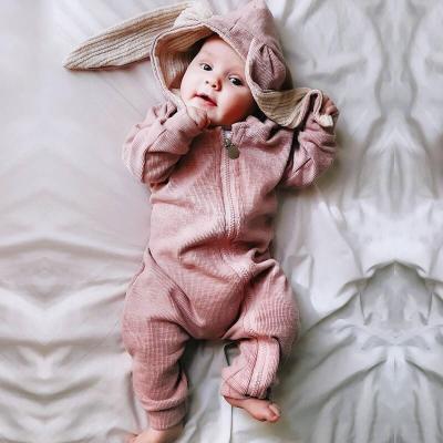 China 2022 Cotton Newborn Rabbit 3D Romper Rabbit Ear Zipper Jumpsuit Hooded Baby Boy Ribbed Cotton Newborn Hooded Romper for sale