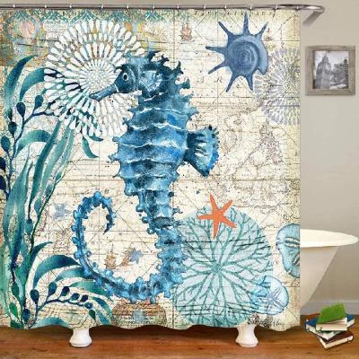 China Sustainable Nautical Blue Map Shower Curtain Sailing Under Coastal Sea Life Fabric Shower Curtain for sale