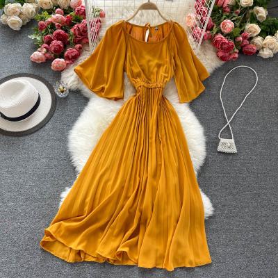 China New Summer Breathable Casual Solid O-Neck Short Sleeve Women Pleated Chiffon Midi Dress Vestidos for sale