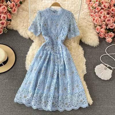 China Women's Casual Dresses Summer Lace Hollow O-neck Midi Cavity Slim Ladies Short Solid Viable Dress A Line Dress for sale