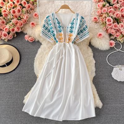 China Short Sleeve Maxi Dress Women Casual Embroidery Summer Dresses Women's Clothing Viable Bohemian Floral V-Neck Dress for sale