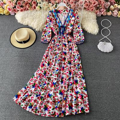 China Short Sleeve Maxi Dress Women Casual V-Neck Dresses Autumn Vintage Print Bohemian Spring Dress from Viable Women's Clothing for sale