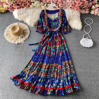 China Short Sleeve Maxi Dress Women Casual Bohemian V-Neck Dresses Summer Floral Print Dress Viable Women's Clothing for sale