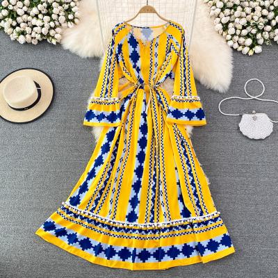 China Bandage Maxi Dress Women Casual V-Neck Sleeve Dresses Autumn Print Bohemian Dress Spring Viable Women's Clothing Long for sale