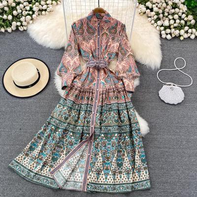 China Plus Size Women's Dresses Spring Autumn Printed Bohemian Dress Woman Stand Collar Maxi Dress Apparel Long Sleeve for sale