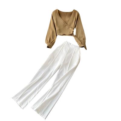 China Summer Women Fashion V-Neck Bandage Long Sleeve Blouses+High Waist Waterproof Korean Long Pants Two Piece Set Office Suit for sale